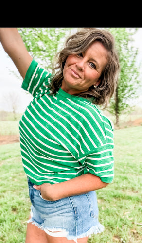 Kelly Green + White Stripe Terry Knit Top