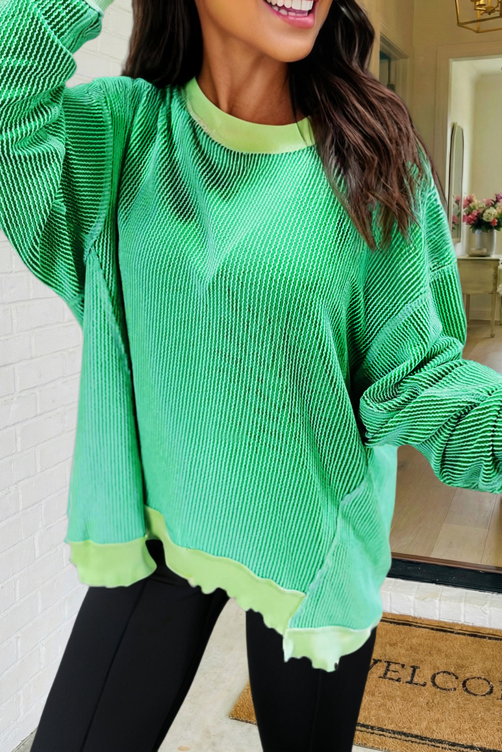 LAS Twisted Rib Uneven Hem Drop Shoulder Knit Top (S-XL): Bright Green / Missy / L