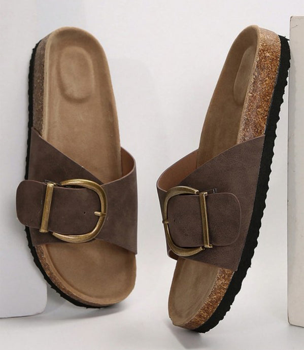 Brown Leather Slippers + Gold Buckle