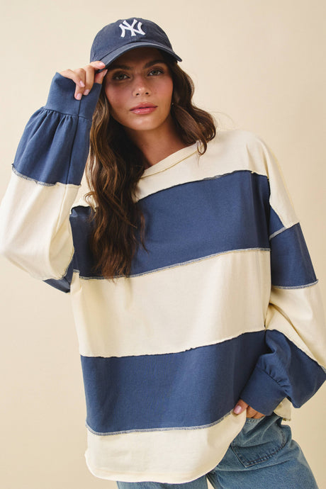 Oversized Color Block Long Sleeve Pullover: Pineapple / Navy