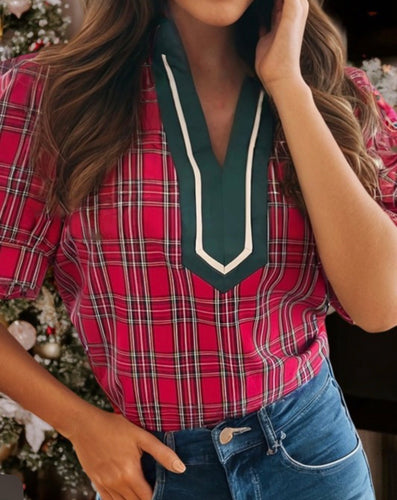 Red Plaid Top + Contrast Trim V Neck