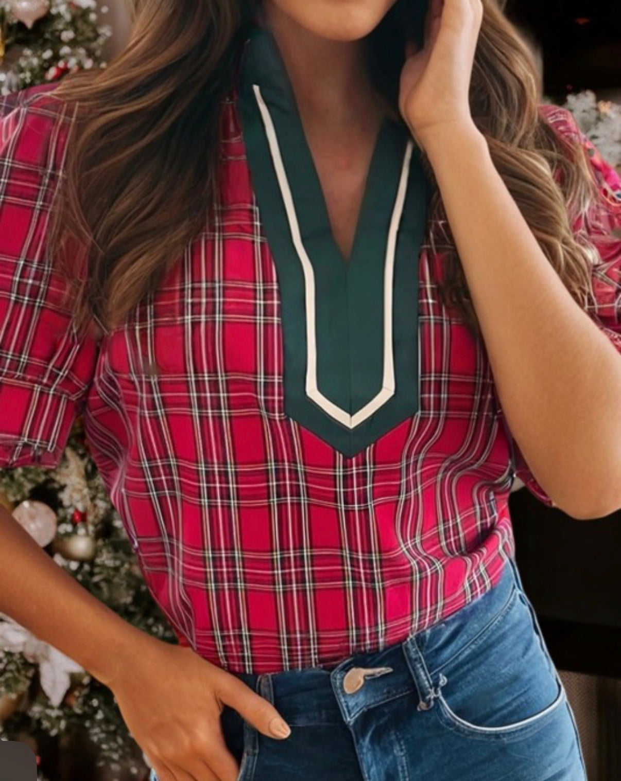 Red Plaid Top + Contrast Trim V Neck