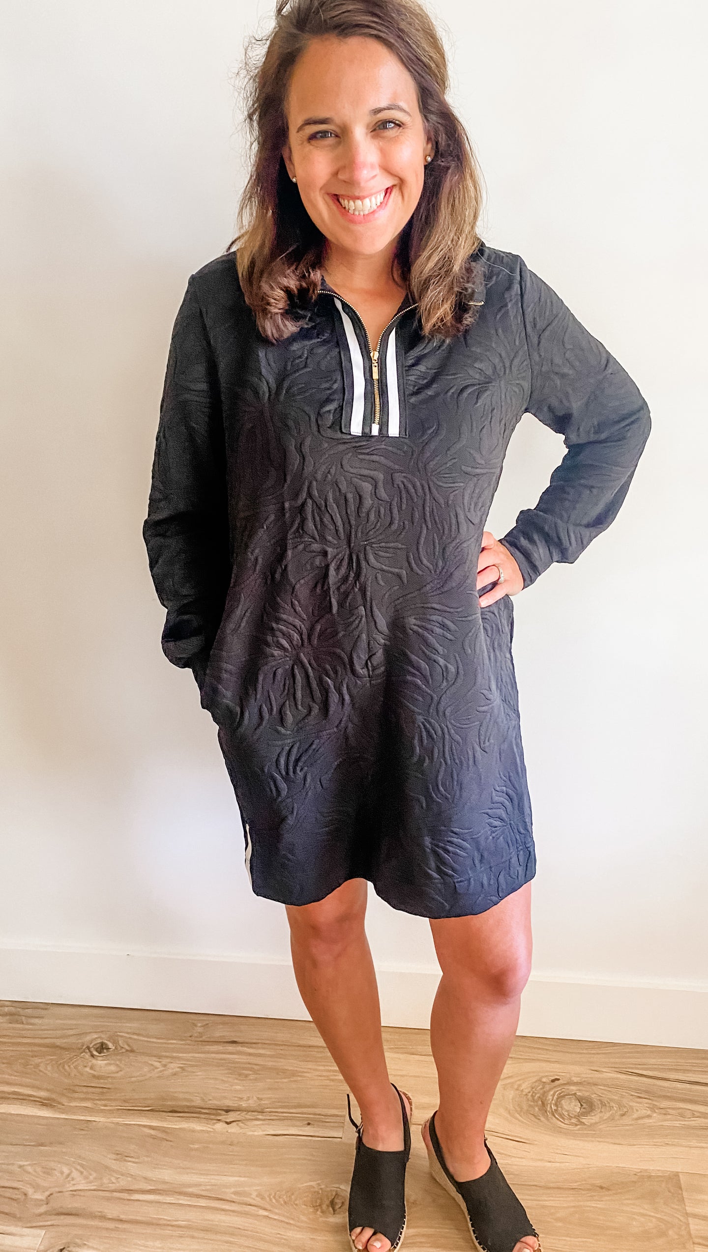 Black Textured Long Sleeve Dress + Gold Zip