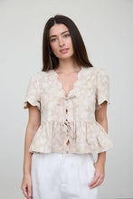 FLORAL EMBROIDERY FRONT TIE SCALLOPED PEPLUM TOP : DENIM