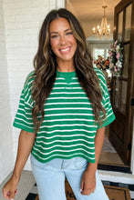 LAS Stripe Ribbed Patchwork Seam Half Sleeve Tee (S-XL): Green Stripe / Missy / S