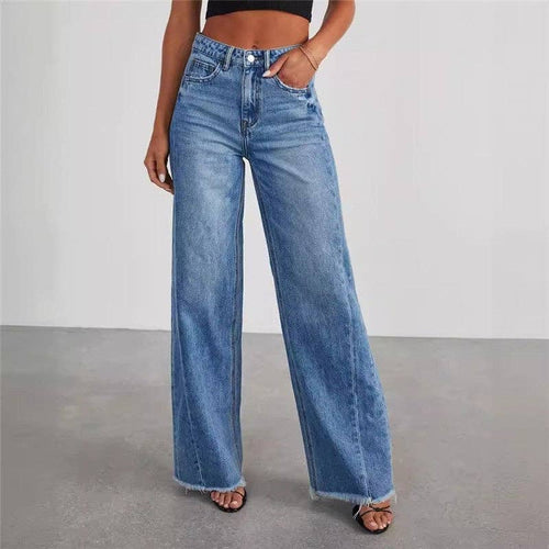 Relaxed Wide Leg Side Seam Frayed Hem Jeans: DENIM BLUE
