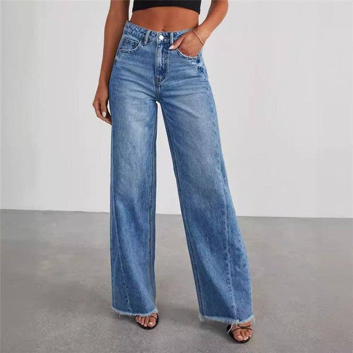 Relaxed Wide Leg Side Seam Frayed Hem Jeans: DENIM BLUE / S