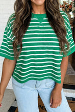 LAS Stripe Ribbed Patchwork Seam Half Sleeve Tee (S-XL): Green Stripe / Missy / L