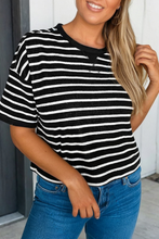 LAS Stripe Ribbed Patchwork Seam Half Sleeve Tee (S-XL): Green Stripe / Missy / S