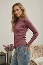 BUTTON FRONT ROUND NECK LONG SLEEVE KNIT TOP : BROWN