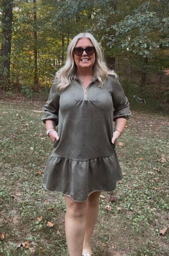 Olive Quilt Textured Dress + Zipped Collar
