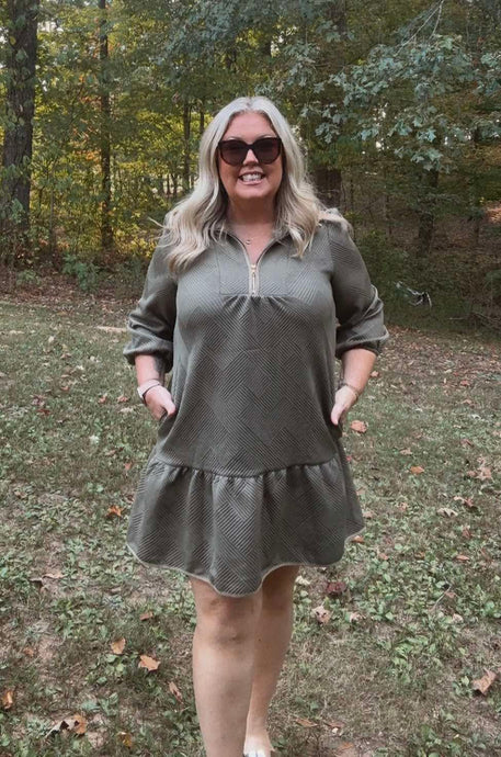 Olive Quilt Textured Dress + Zipped Collar