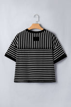 LAS Stripe Ribbed Patchwork Seam Half Sleeve Tee (S-XL): Green Stripe / Missy / S