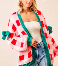 Christmas Stripes Open Front Cardigan + Bow Detail