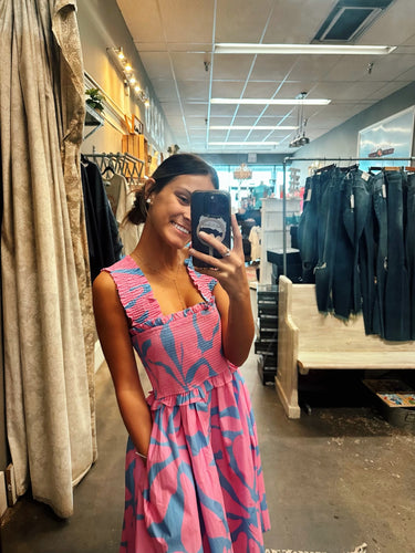 Pink + Blue Geo Print Dress + Smocked Bust