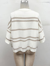 Striped Knit Short Sleeve Sweater: Chocolate/cream / L