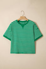 LAS Stripe Ribbed Patchwork Seam Half Sleeve Tee (S-XL): Green Stripe / Missy / S