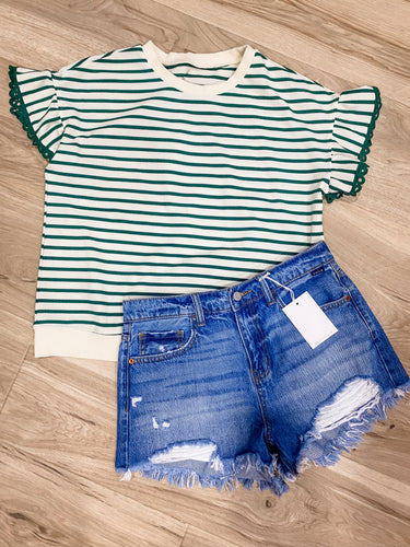 Kelly Green + Oatmeal Striped Top + Flair Sleeve