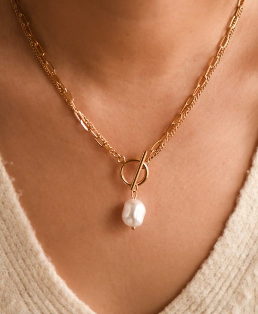 Gold Multi Layer Necklace + Front Toggle with Pearl