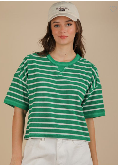 Kelly Green + White Stripe Terry Knit Top
