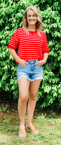 Red + Pink Stripe Terry Knit Top