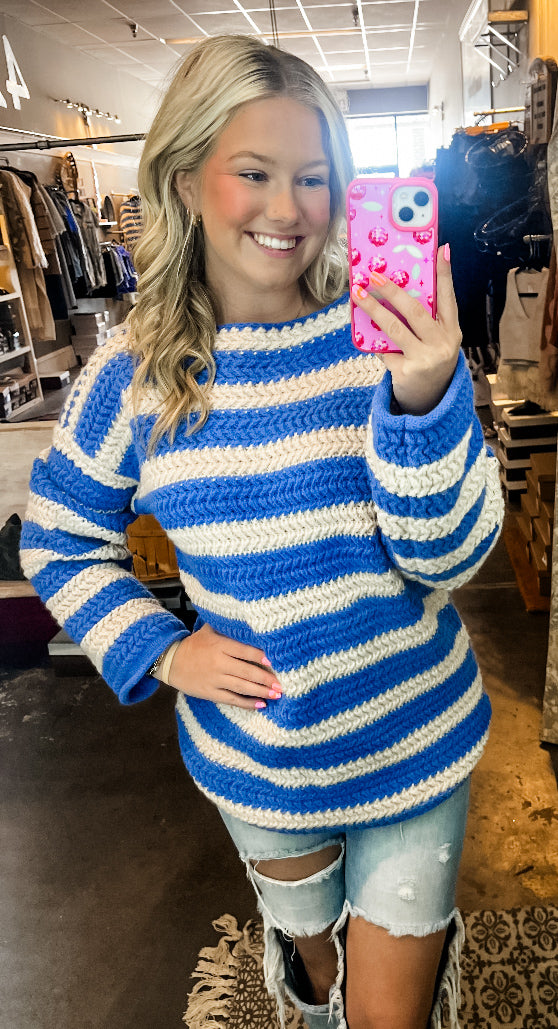 Blue + Beige Striped Sweater + Round Neck