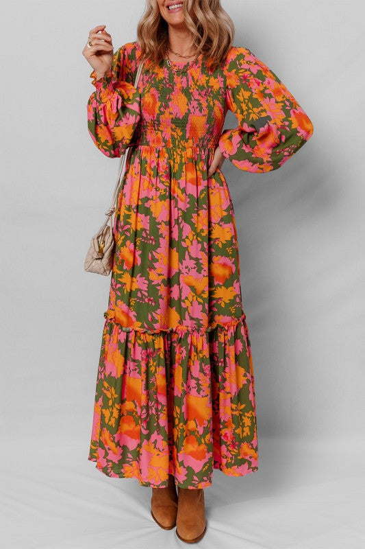 Orange Floral Puff Sleeve Smocked Bodice Ruffled Long Dress Orange / M / 100%Viscose Orange Floral Puff Sleeve Smocked Bodice Ruffled Long Dress Orange / M / 100%Viscose