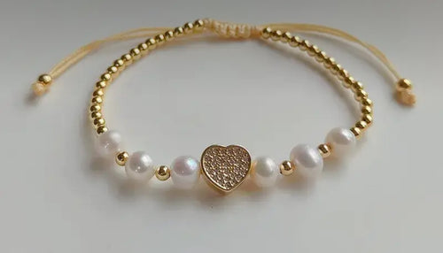 Pearl Beaded Adjustable Bracelet + Heart