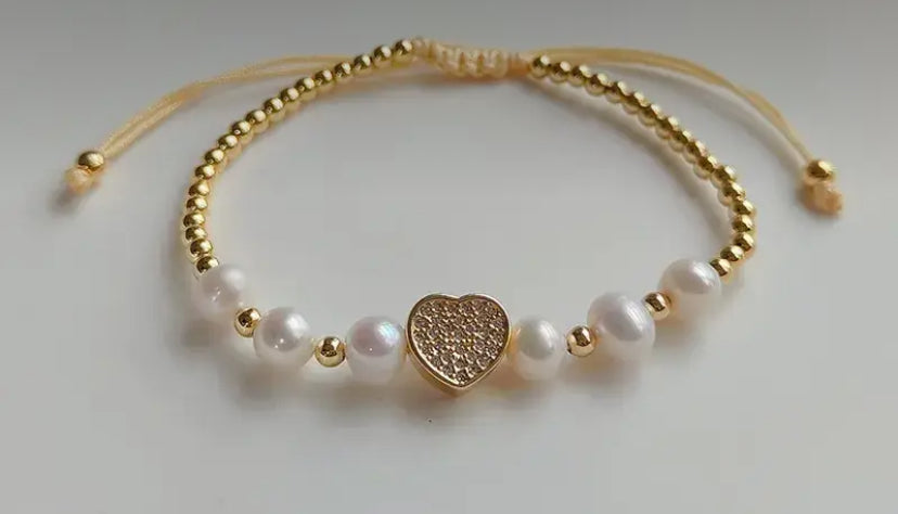 Pearl Beaded Adjustable Bracelet + Heart