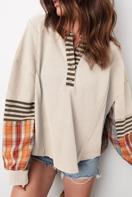 Waffle Knit + Fall Flannel Mix Top