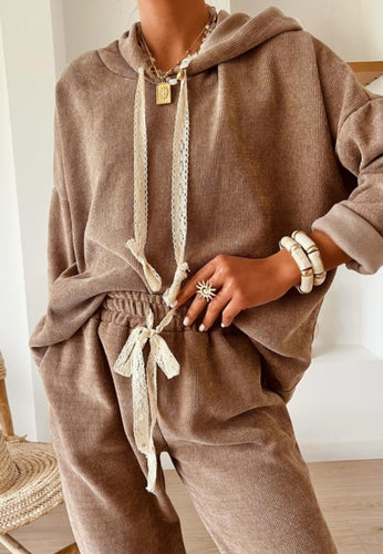 Mocha Corduroy Hooded Pullover/Pant Set + Lace Drawstrings