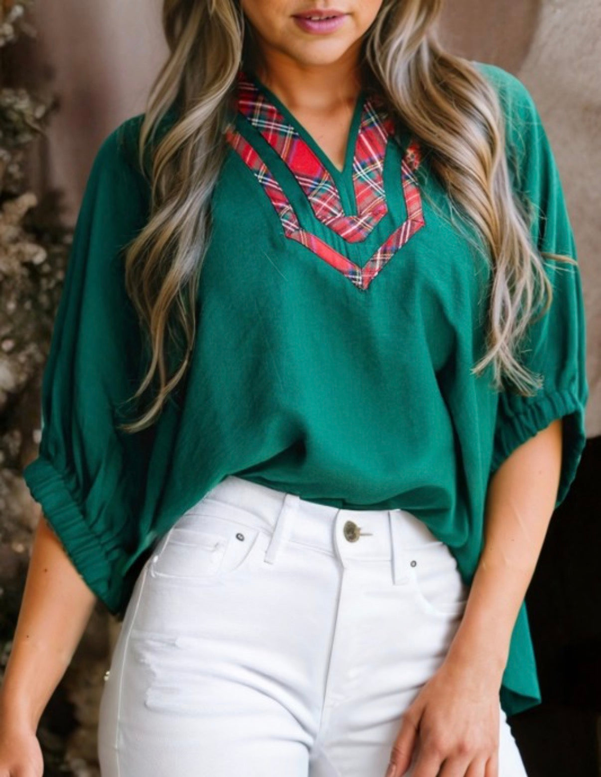 Evergreen Tunic Top + Contrast Plaid V Neck
