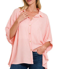 Coral Striped Button Down Light Knit Top