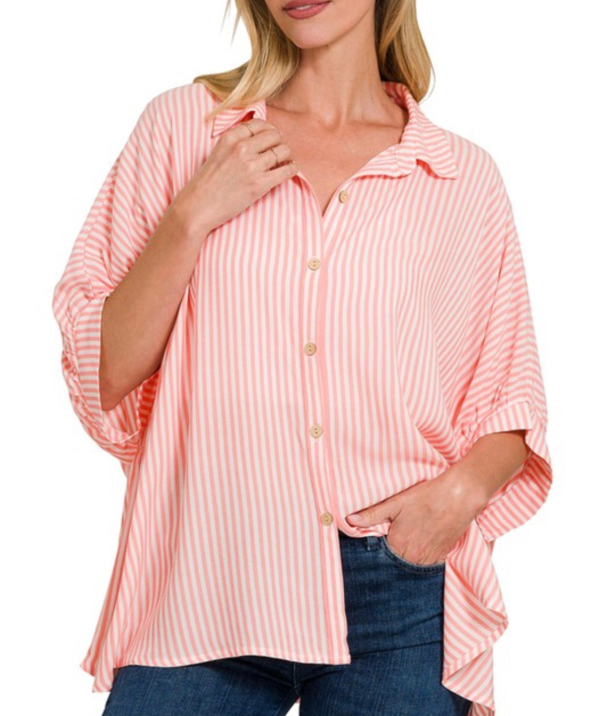 Coral Striped Button Down Light Knit Top