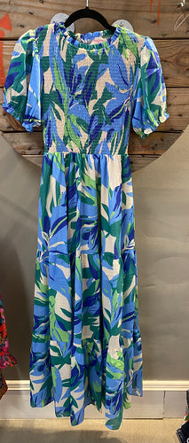 Blue + Green Print Maxi + Smocked Chest