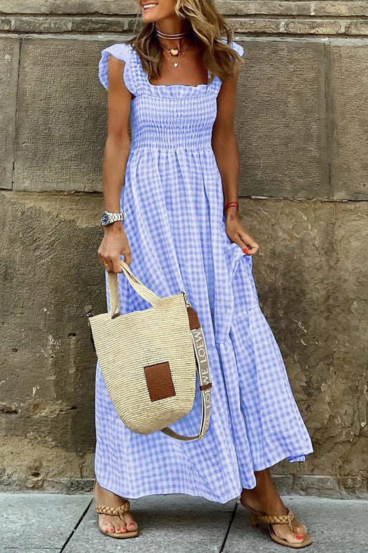Baby Blue Gingham Maxi + Ruffle Straps
