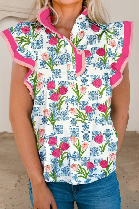 Tulip & Toile Print Flutter Sleeve Blouse