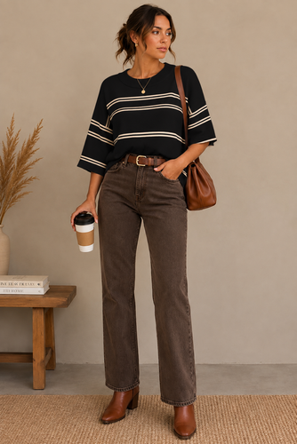 Striped Knit Short Sleeve Sweater: Black/Cream