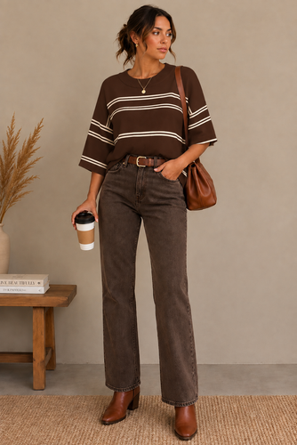 Striped Knit Short Sleeve Sweater: Chocolate/Cream