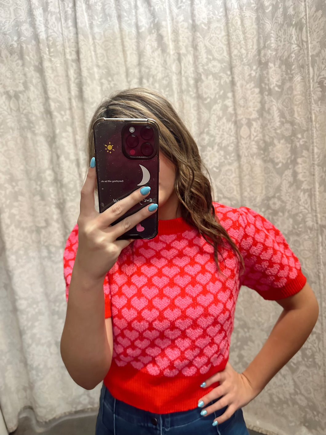 Red + Pink Heart Cropped Short Sleeve Sweater
