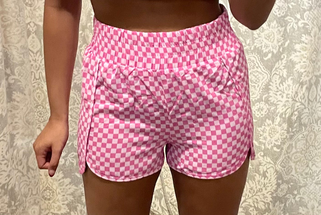 Pink Checkered Print Shorts + Smocked Waist