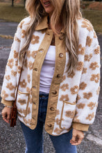 Floral Button-Up Fleece Pocketed Jacket: Light French Beige / S