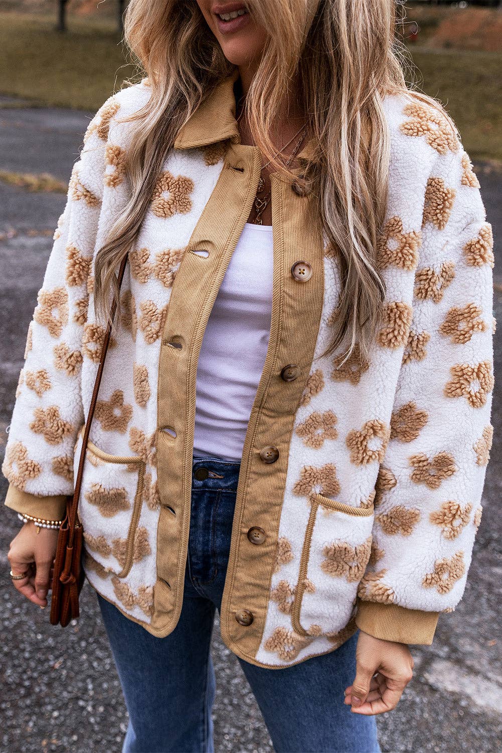 Floral Button-Up Fleece Pocketed Jacket: Light French Beige / S