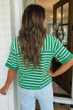 LAS Stripe Ribbed Patchwork Seam Half Sleeve Tee (S-XL): Green Stripe / Missy / S