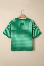 LAS Stripe Ribbed Patchwork Seam Half Sleeve Tee (S-XL): Green Stripe / Missy / L
