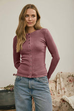 BUTTON FRONT ROUND NECK LONG SLEEVE KNIT TOP : BROWN