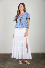 FLORAL EMBROIDERY FRONT TIE SCALLOPED PEPLUM TOP : DENIM
