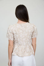 FLORAL EMBROIDERY FRONT TIE SCALLOPED PEPLUM TOP : DENIM