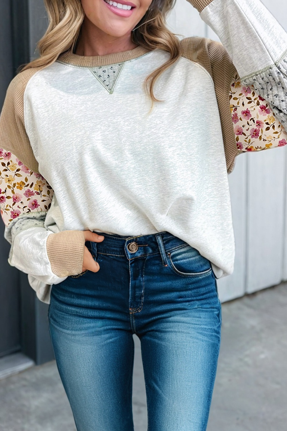 LAS Floral Print Patchwork Exposed Seam Pullover (S-XL): Light Grey / Missy / L