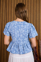 FLORAL EMBROIDERY FRONT TIE SCALLOPED PEPLUM TOP : DENIM
